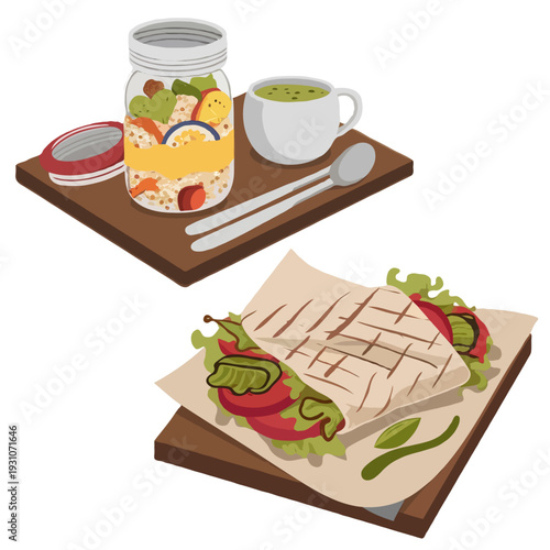A refreshing meal of sandwiches and drinks on a wooden board isolated on white background, Vector, illustration