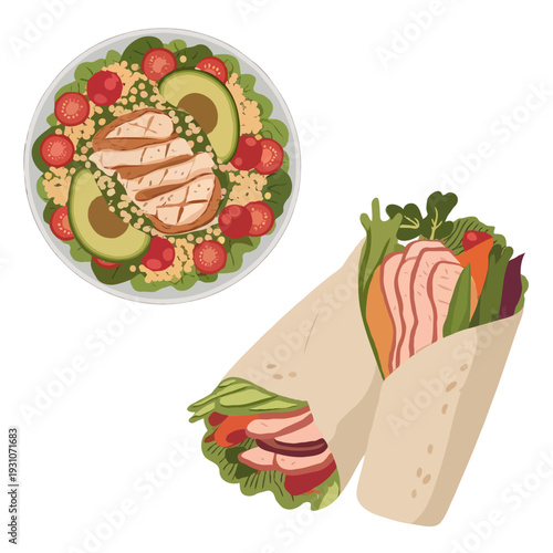 A delicious assortment of sandwiches with various fillings and vegetables isolated on white background, Vector, illustration