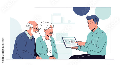 Young Man Showing Digital Tablet to Elderly Couple Sitting Together