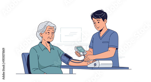 Male Doctor Checking Blood Pressure of Senior Patient in Medical Office