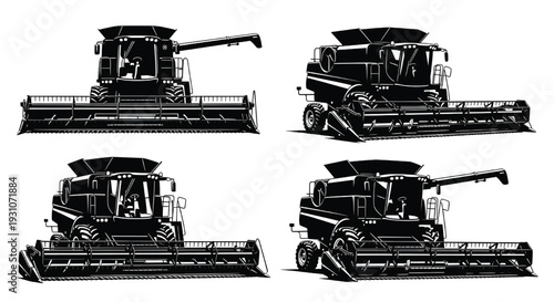 Four combine harvesters in different positions on a white background