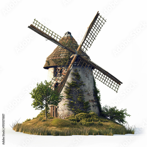 Classic Farm Windmill on White Background