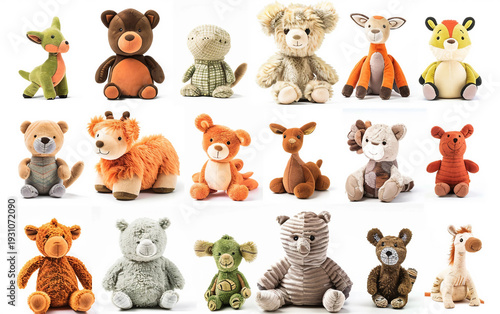 Colorful Stuffed Animals Arranged on White