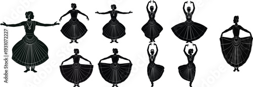 Traditional Indian classical dancer silhouette collection vector illustration, bharatanatyam dance poses cad drawing flat vector isolated background