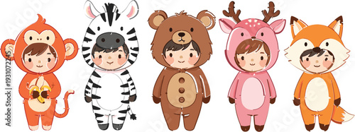 Cute children wearing animal costumes illustration set with monkey, zebra, bear, deer, and fox outfits, playful flat vector characters for kids designs