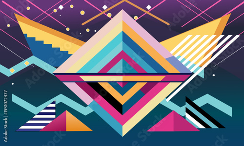 Colorful Retro Futuristic Geometric Abstract Background with Neon Shapes