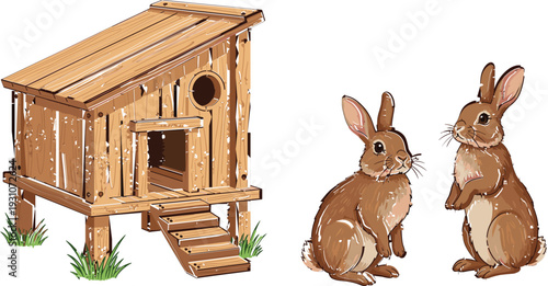 Wooden rabbit hutch with cute bunny illustration set, hand drawn flat vector artwork representing pet care, countryside life, small animals, and rural outdoor living