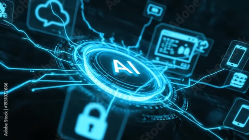 Futuristic visualization of artificial intelligence technology powering a global digital network and secure data processing systems