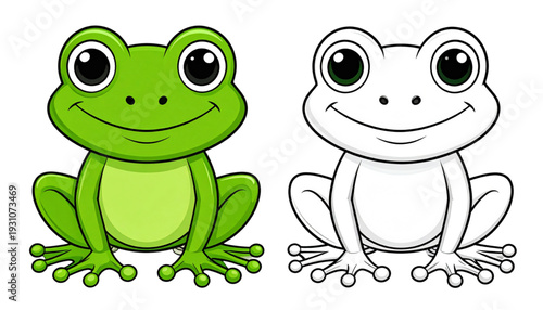Contrasting green frog and white toad sitting side by side in a playful scene isolated on transparent background
