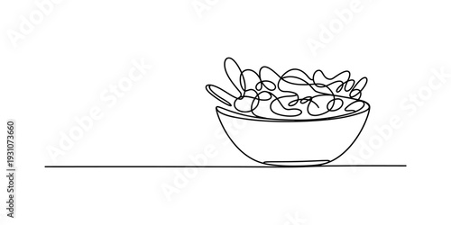 A simple continuous line drawing of a bowl filled with snacks or potato chips on a white background Vector, illustration