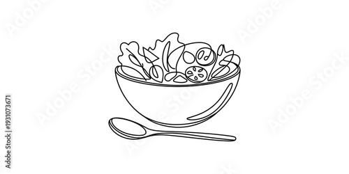 Hand drawn line art illustration of a healthy salad bowl with a spoon on white Vector, illustration