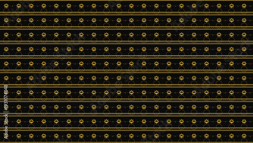 Seamless elegant black background with horizontal golden bands featuring repeating floral motifs and decorative geometric lines perfect for luxury textile prints and traditional wallpaper