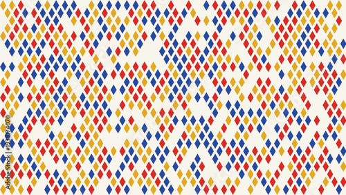 Seamless minimalist cream background featuring a scattered geometric pattern of small red, yellow, and blue diamond shapes perfect for modern textile prints and playful digital wallpaper