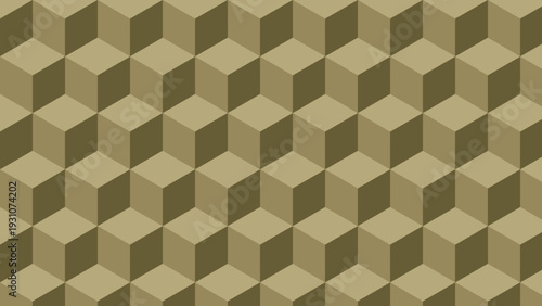 Abstract seamless geometric pattern featuring 3D isometric cubes in shades of olive green and tan perfect for modern architectural wallpaper and digital texture backgrounds