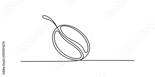 Minimalist continuous line art illustration of a single coffee bean on a white background. Vector, illustration