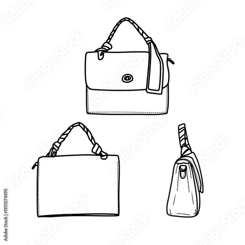 Elegant Handbag Sketches - Front, Back, and Side Views.