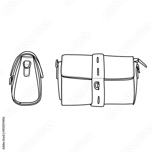 Detailed line art illustration of a vintage-style shoulder bag.