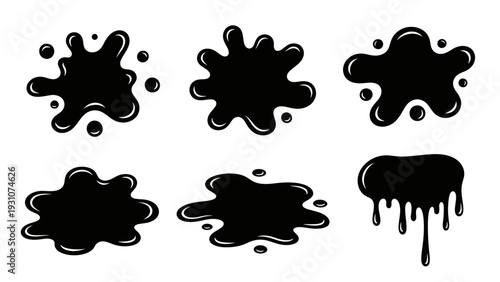 Set of black ink or paint splatters and drips, abstract liquid stains collection.