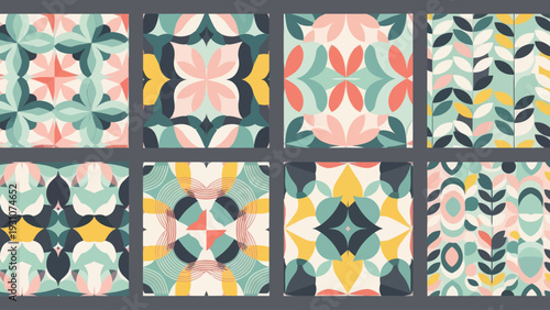 Set of eight vibrant abstract floral and geometric seamless patterns.