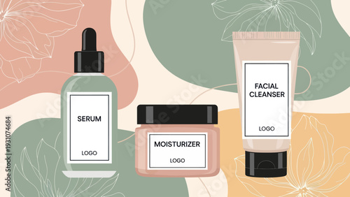 Skincare product set with serum, moisturizer, and facial cleanser.