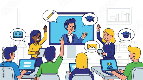 Students and teacher engaged in an online virtual classroom session.