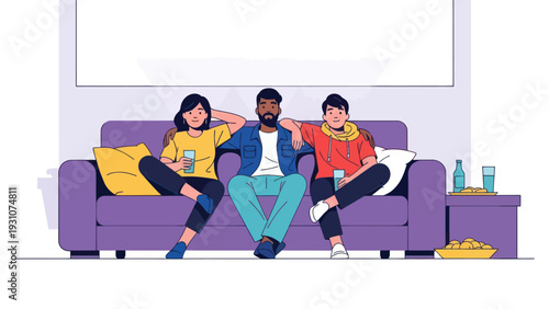 Three diverse friends relaxing on a purple sofa, watching a movie together.