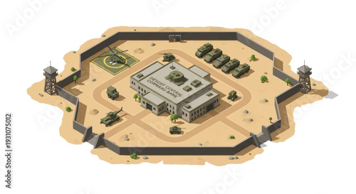 Vector illustration of an American military base with a central building, surrounded by a wall, military tanks, and aircraft, set against a desert landscape with a design icon for