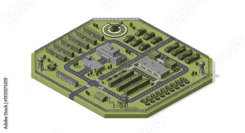 Vector illustration of an American military base with a military aircraft, tank, and buildings in a green hexagonal layout with roads and structures, representing a strategic design for