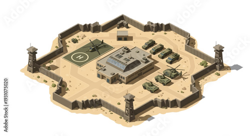 Isometric illustration of an American military base with a central building, surrounded by a wall and featuring military tanks and aircraft on a sandy terrain with a helicopter pad.