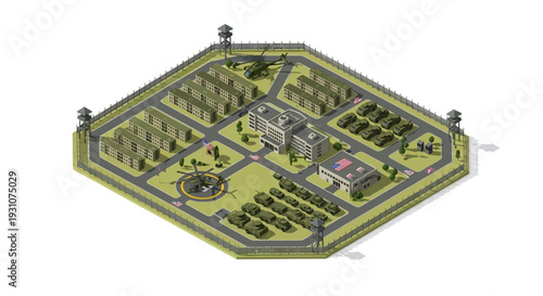 Vector illustration of an American military base with a military aircraft, tank, and building, showcasing a design for transportation and defense, set against a white background.