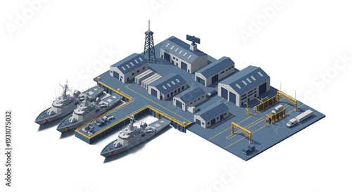 Isometric illustration of an American military base with various military aircraft, tanks, and ships, showcasing a military building and transportation vehicles on a blue and gray