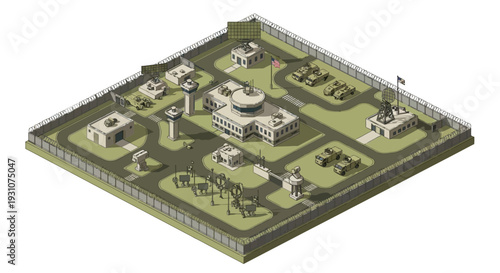 Isometric illustration of an American military base with various buildings, tanks, and aircraft on a green terrain, surrounded by a fence.