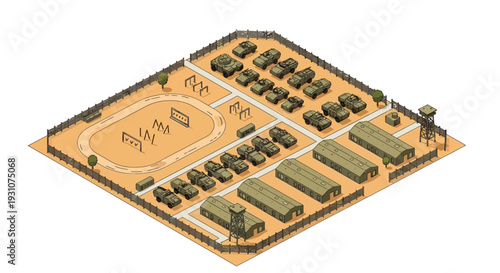 Vector illustration of an American military base with military aircraft, tanks, and buildings in a desert landscape, showcasing military transportation and design elements.