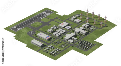 Illustration of an American military base with various military buildings, aircraft, and tanks on a green field, showcasing transportation and design elements.