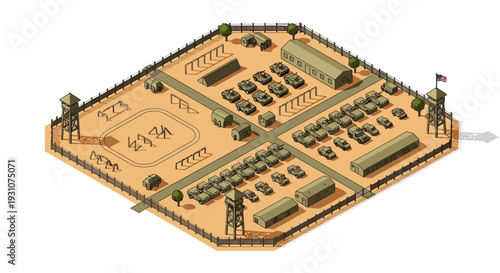 Vector illustration of an American military base with military aircraft, tanks, and buildings in a desert landscape, showcasing a transportation and business hub with a sense of global