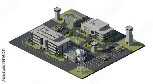 Isometric illustration of an American military base with buildings, aircraft, and tanks on a green and gray terrain, showcasing transportation and military design elements.