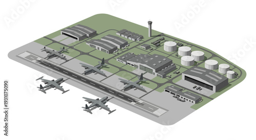 Isometric illustration of an American military base with various military aircraft, tanks, and buildings, showcasing a range of military equipment and infrastructure in a detailed design.