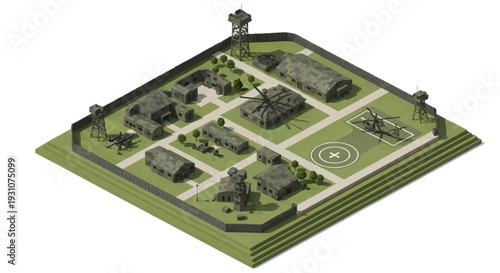 Isometric illustration of an American military base with various buildings, tanks, and aircraft on a green field, surrounded by a fence and guard towers.
