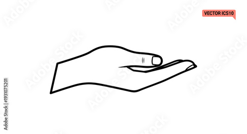 Minimalist black outline vector illustration of an open human hand gesture on a pristine white