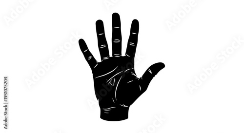 Striking black silhouette of an open human hand with five fingers spread wide on a clean white