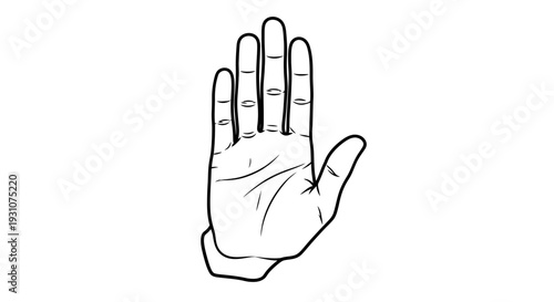 Minimalist black and white line drawing of an open human hand showcasing a clear stop gesture