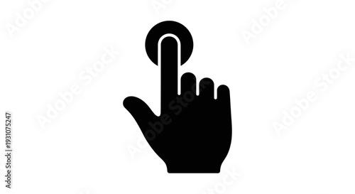 A modern black hand icon with an index finger tapping a circular element indicating touch
