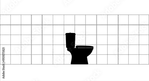A stark black silhouette of a modern toilet set against a clean white grid of bathroom tiles
