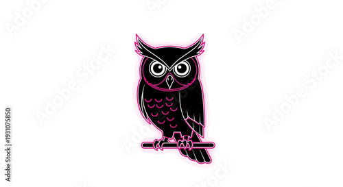 Sleek artistic representation of a wise nocturnal owl featuring a striking neon pink outline