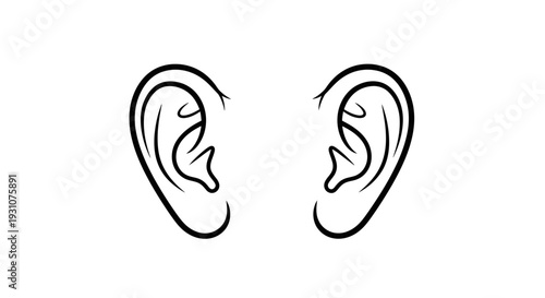 Minimalist black outline drawing depicting a symmetrical pair of human ears on a clean white