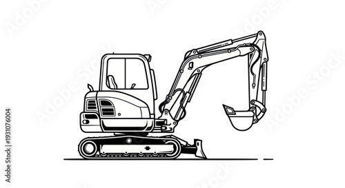 Mini Excavator Outline Vector Illustration - Construction Equipment Icon