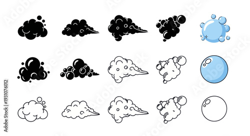 Set of Black and White and Color Cloud and Bubble Icons