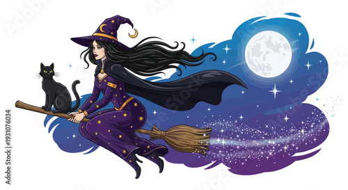 Witch Flying Broomstick with Black Cat Under Moon and Stars