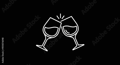 Elegant minimalist icon of two wine glasses clinking in a joyous celebratory toast