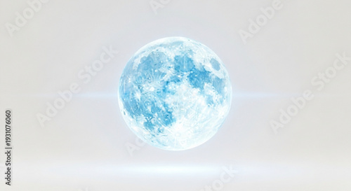 Glowing blue moon on a light gray background with soft shadows and subtle gradient effects